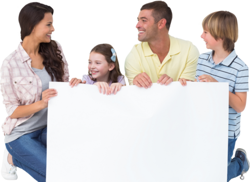 Family with billboard over white background - Powered by Adobe