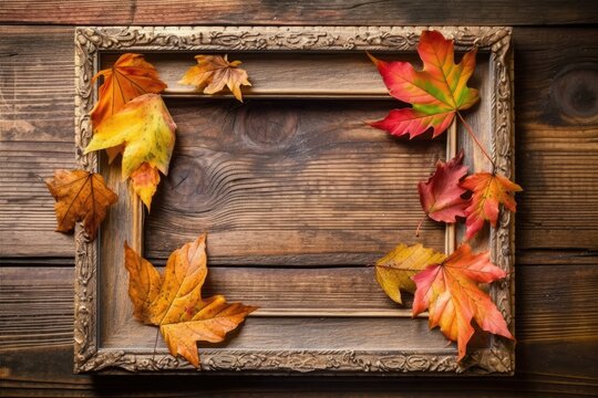 Autumnal foliage and a picture frame on wooden planks in a Shabby Chic design. Copy space No content here; use it for decoration, writing, or advertising. Generative AI