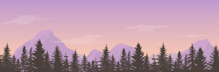 Pine tree and mountain landscape vector background illustration. Forest panorama view.  Spruce silhouette. Banner background.