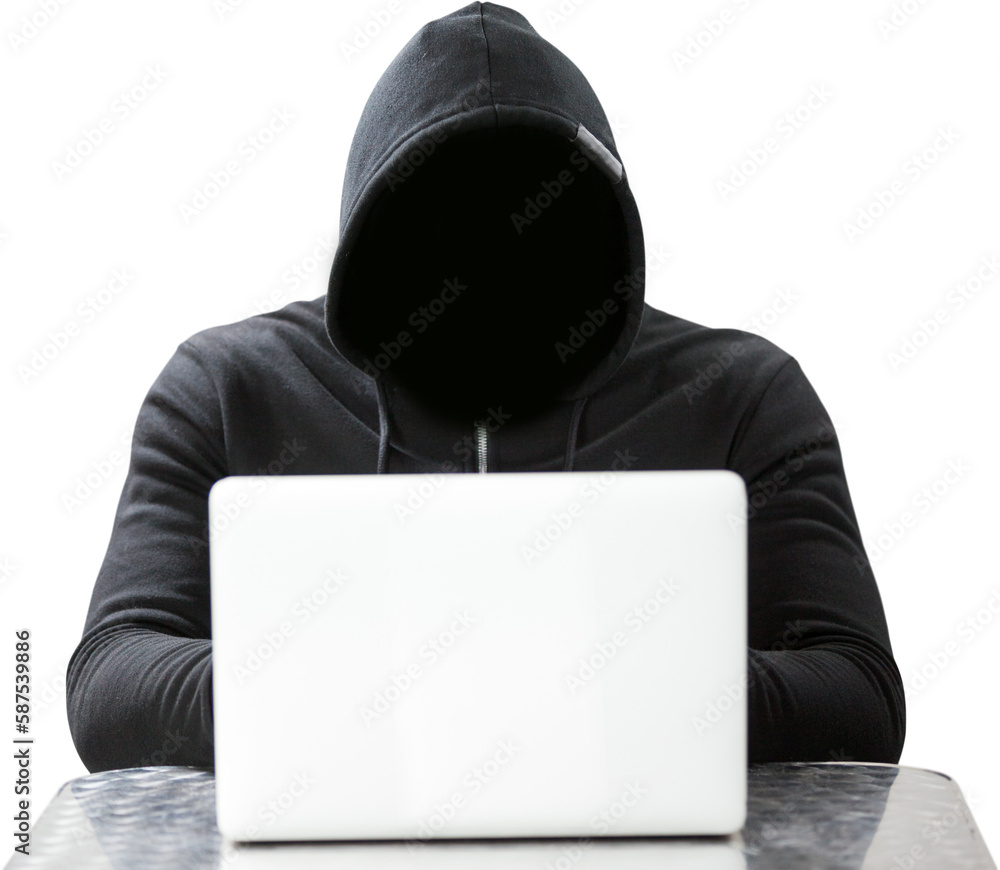 Aufkleber hacker wearing black hood while using laptop on table