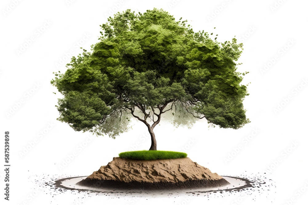Aufkleber isolated on a white backdrop is a green tree with a chunk of earth. generative ai