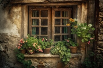 Fototapeta na wymiar Window with Potted Plants in a Scenic Setting. Generative AI