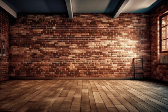 Red brick walls and a carpeted floor can be found within an empty chamber. Modern Decorative Brickwall in a Room With A Retro Feel. Loft design. Mockup With Design Space. Generative AI
