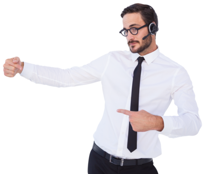 Businessman wearing a headset while showing something