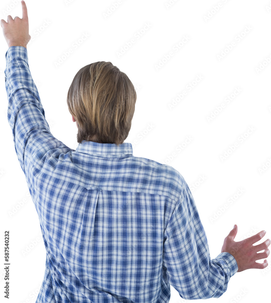 Poster rear view of businessman using imaginary interface