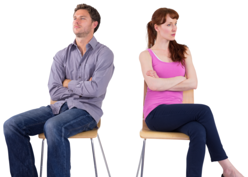 Sitting couple ignoring each other