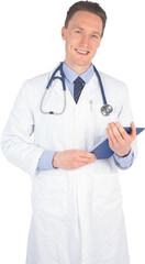 Fototapeta premium Smiling doctor holding a digital tablet