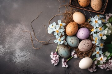 Obraz premium eggs arranged in a decorative manner on a wooden table. Generative AI