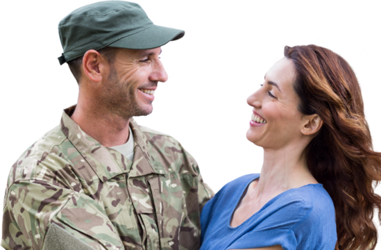 Close-up of man in army uniform holding wife