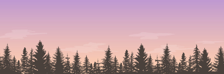 Forest panorama view. Pine tree landscape vector illustration.  Spruce silhouette. Banner background.