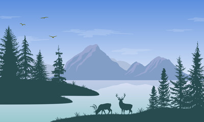 Mountain nature view vector illustration. Flat panorama view of lakeside. Reindeer and bird silhouette. Traveling and camping poster design.