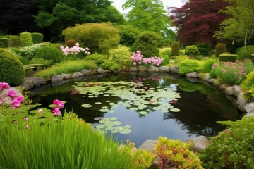 Fototapeta na wymiar A tranquil garden with blooming flowers, lush greenery, and a peaceful pond background Generative AI