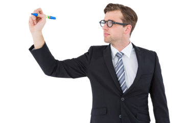 Geeky businessman writing with marker