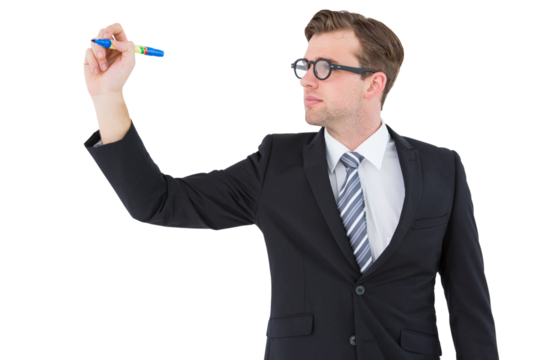 Geeky businessman writing with marker