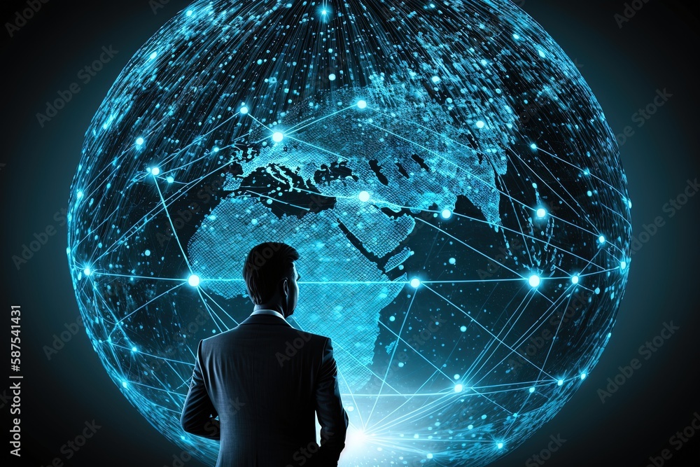 Aufkleber a businessman tapping on a world network and exchanging large data generative ai