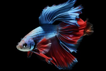 Fototapeta premium Blue and red betta fish is on a black background.