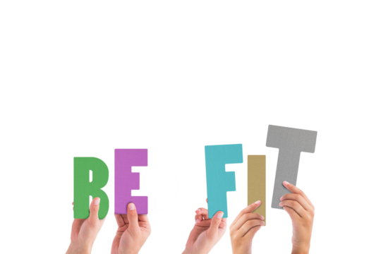 Colorful alphabet spelling be fit held up by people 