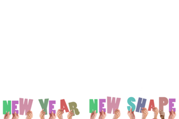 Colorful alphabet spelling new year new shape held up by people