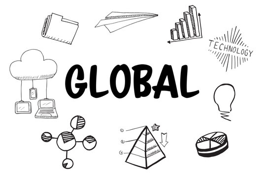 Global text surrounded by various vector icons