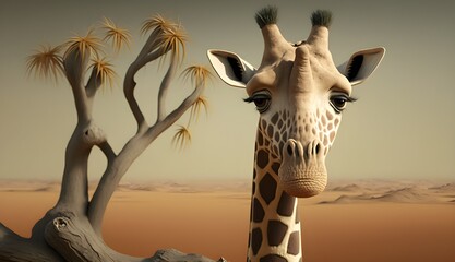 "Loneliness of a Giraffe: Coping with Missing Family in Desert" - A  surreal landscape and stunning Adobe Stock image exploring solitude and powerful emotions.