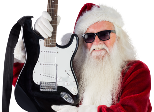 Father Christmas shows a guitar