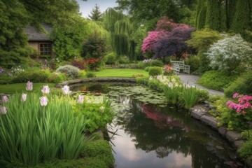 Fototapeta na wymiar A tranquil garden with blooming flowers, lush greenery, and a peaceful pond background Generative AI