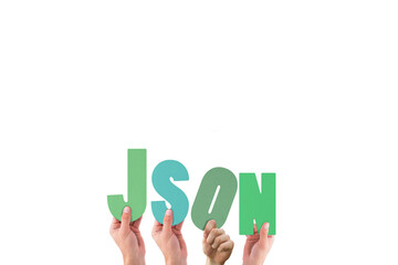 Colorful alphabet spelling JSON held up by people 