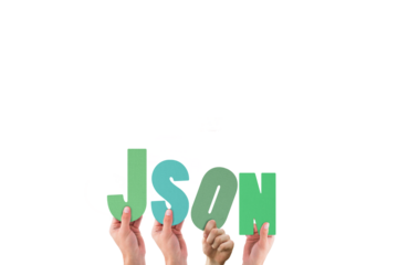 Colorful alphabet spelling JSON held up by people 