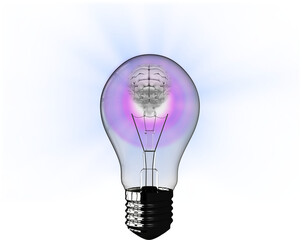 Human brain in light bulb against white background