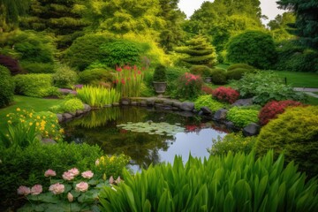 A tranquil garden with blooming flowers, lush greenery, and a peaceful pond background Generative AI