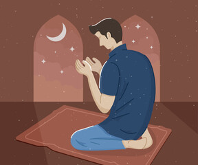 Fototapeta premium vector illustration of a Muslim praying fervently on the night of Ramadan