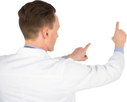 Rear view of male doctor pressing screen - Powered by Adobe