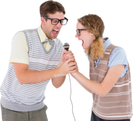 Geeky hipster couple singing into a microphone