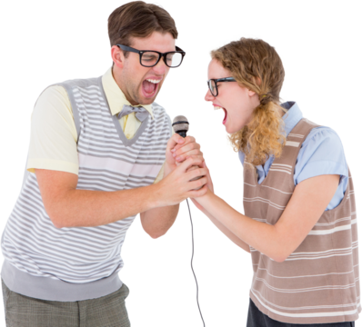 Geeky hipster couple singing into a microphone