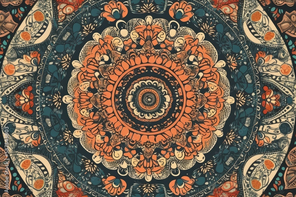 Poster vibrant circular pattern on a dark backdrop. generative ai
