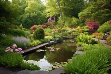 Fototapeta premium A tranquil garden with blooming flowers, lush greenery, and a peaceful pond background Generative AI