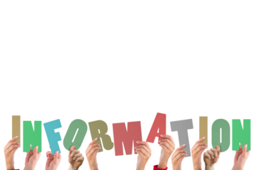 Colorful alphabet spelling information held up by people 