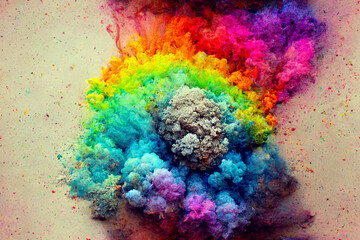 Fototapeta na wymiar Multicolored explosion of rainbow powder paint pattern, seamless white background, textured light wallpaper, generative ai