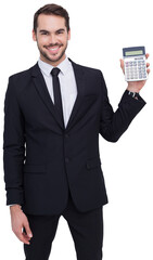 Smiling businessman presenting a calculator