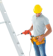Handyman with power drill standing by ladder