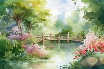 A tranquil garden with blooming flowers, lush greenery, and a peaceful pond background watercolor  Generative AI