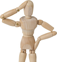 Confused 3d wooden figurine standing with hand on head