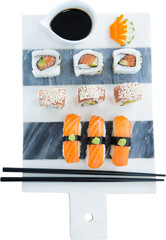 Overhead view of sushi served in plate