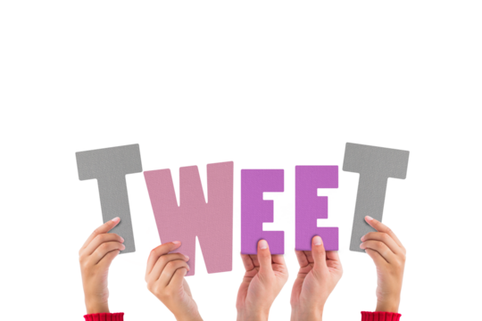 Colorful alphabet spelling tweet held up by people 