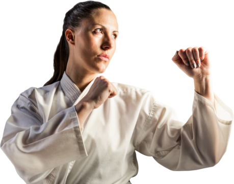 Female fighter performing karate stance - Powered by Adobe
