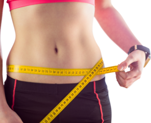 Woman measuring waist over white background