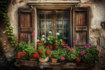Fototapeta na wymiar Colorful Window with Beautiful Flowers in front of it. Generative AI