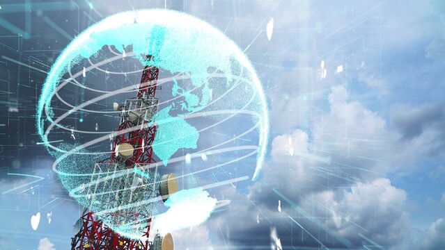 Telecommunication tower with 3D graphic of global business alteration and e-commerce against blue sky in concept of worldwide internet network connections .