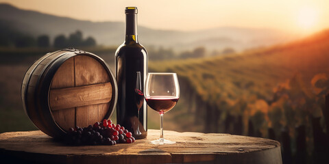 Savoring the moment: Red wine bottle and glass with stunning Tuscany scenery