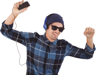 Happy hipster wearing headphones enjoying music